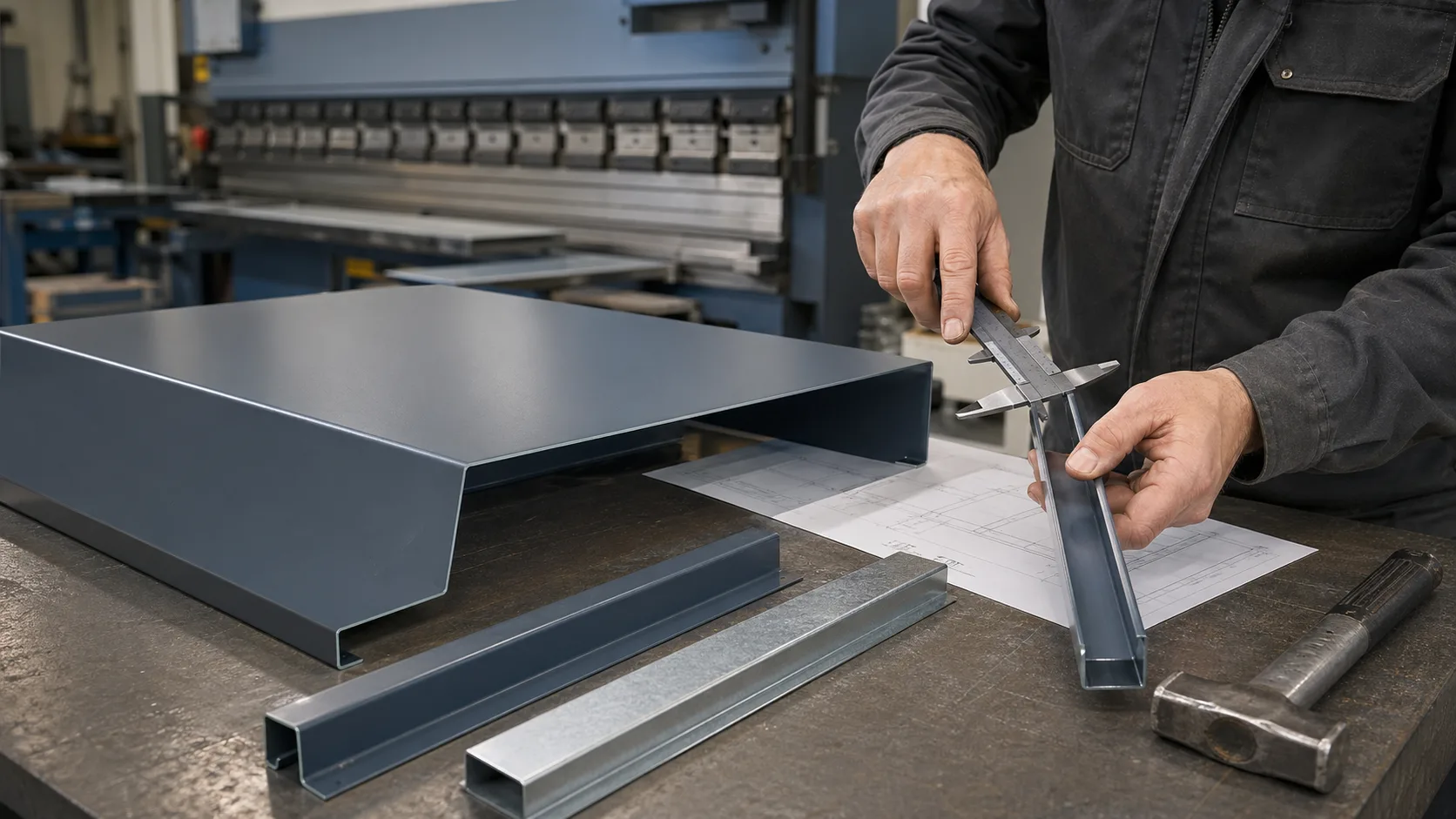 Gekantete U-Profile und Blechblenden liegen in einer Werkstatt zur Maßprüfung bereit